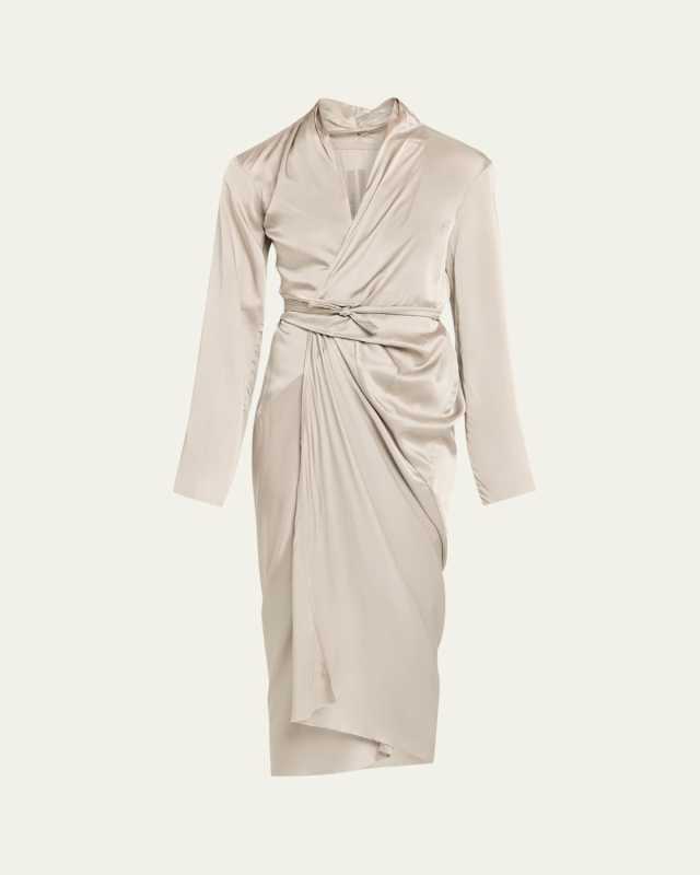 Long-Sleeve Draped Wrap Midi Dress